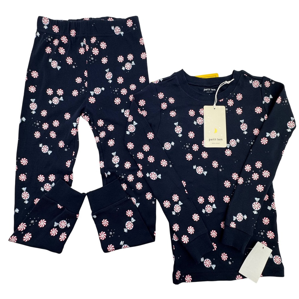 NEW Petit Lem Kids Pajama Set Navy Candy Organic Cotton Top Pants Size 5 Holiday